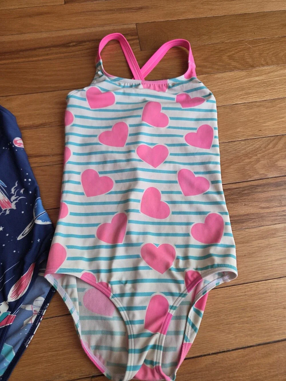 Mini Biden One-Piece Swimsuits in Navy Space & Pink Heart Prints Size 9-10